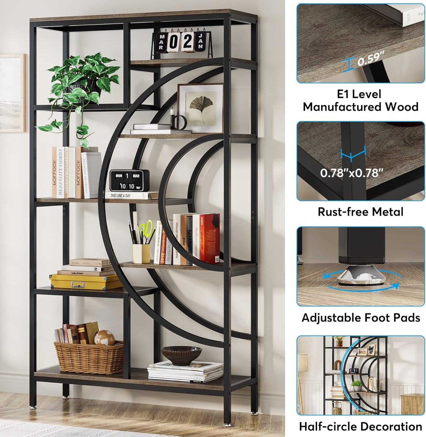Geometric Bookcase, 71 Inches, Industrial 8-Tiers Bookshelves, Rustic Etagere Bookcase with Metal Frame, Tall Freestanding Open Storage Shelving Units for Home Office, Living Room