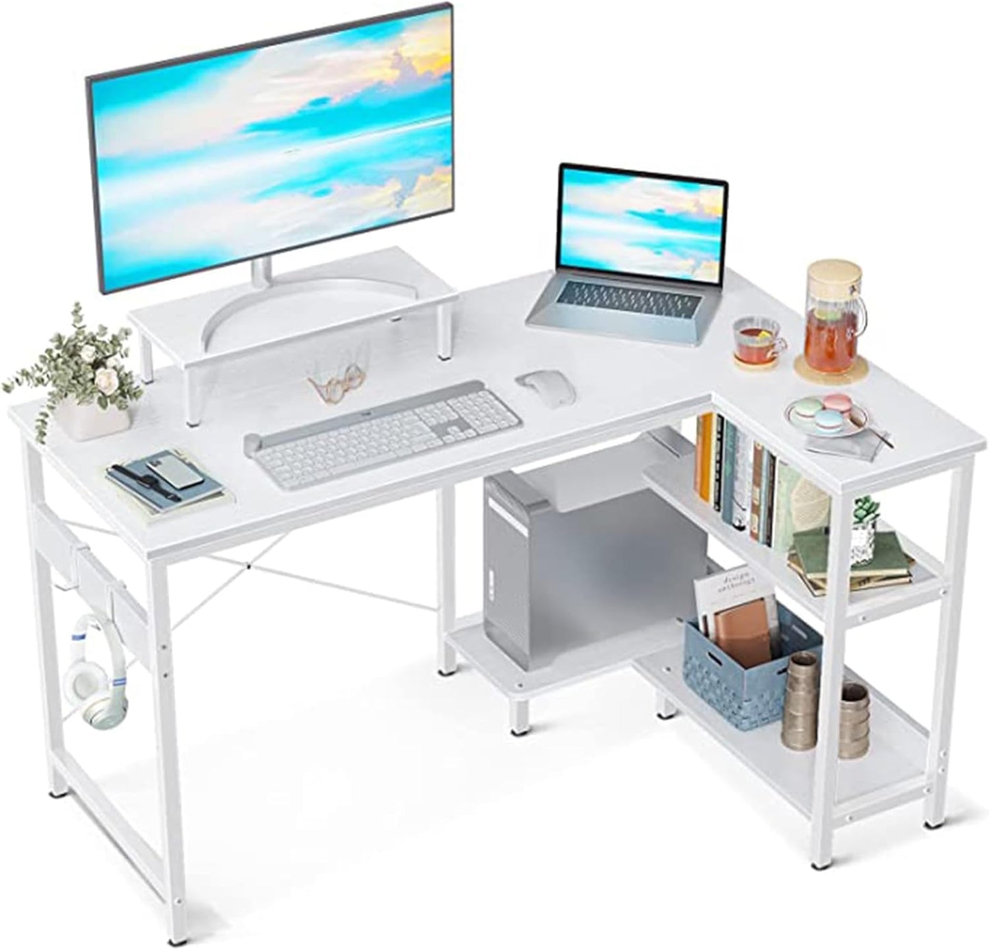 ODK L Shaped Computer Desk with Reversible Storage Shelves, L-Shaped Desk 118 * 80 * 86.4Cm Corner Desk with Monitor Stand for Small Space, Modern Writing Table for Home Office Desk, Rustic Brown