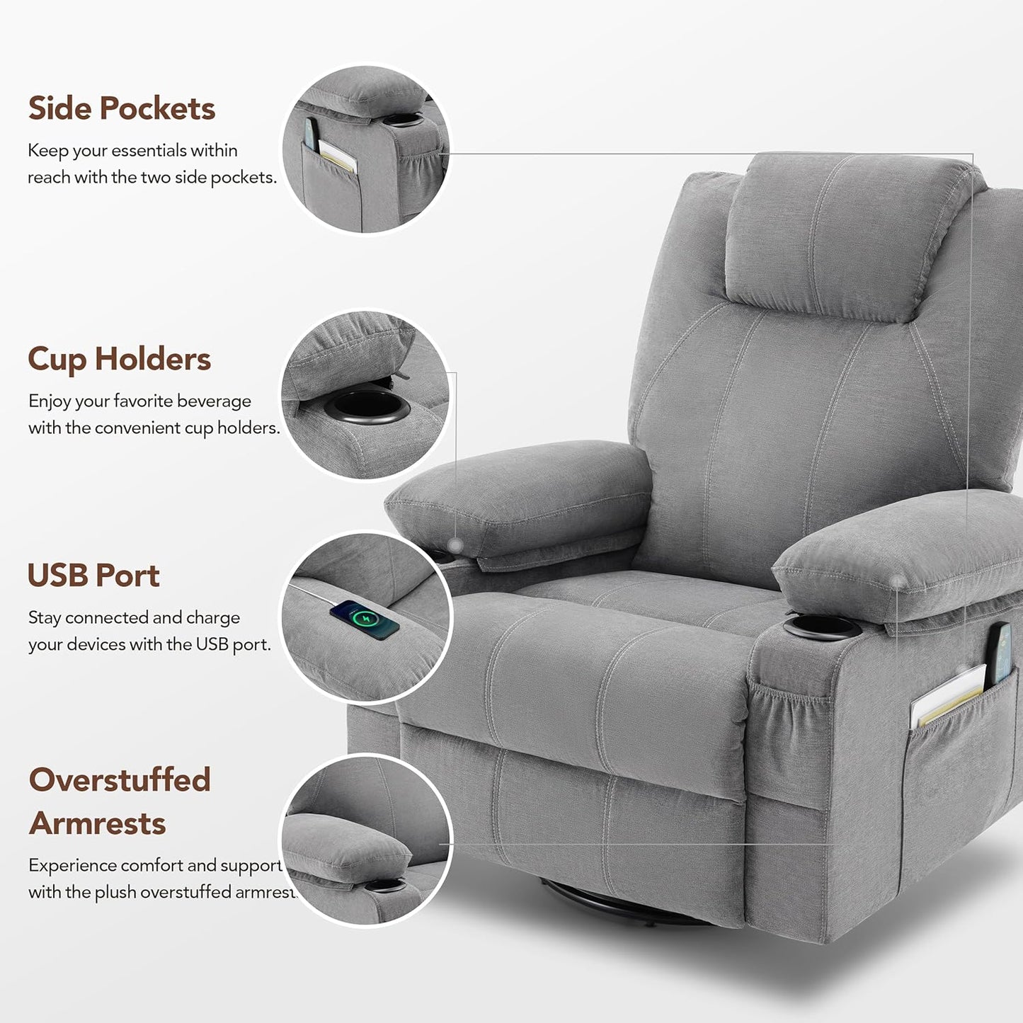 Weture Swivel Rocker Recliner Chair with Heat and Massage, 360 Degree Swivel Rocking Single Sofa with Cup Holders and USB Port, Big Large Oversized Recliner Chair for Living Room (Fabric, Grey)