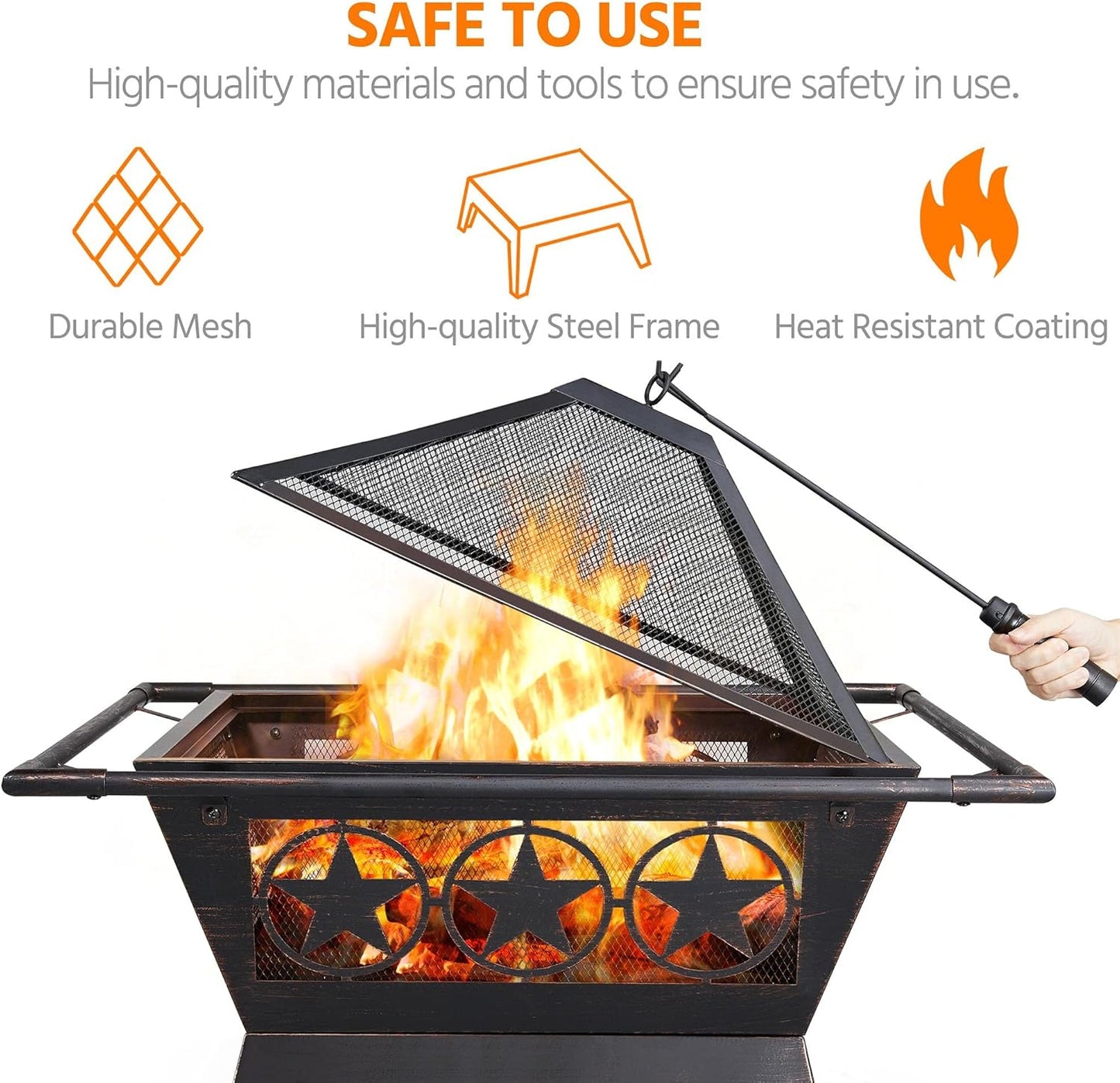 80cm Fire Pit for outside Outdoor Fireplace Large Square Wood Burning Fire Heavy Duty