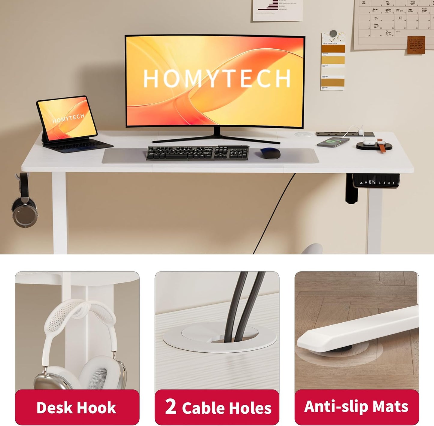 HOMETECH Electric Standing Desk, 120 X 60 Cm Sit Stand Desk with Power Outlets & Type-C/Usb, Height Adjustable Gaming Desk with 3 Smart Memory Height Settings, Hanging Hook, Cable Management, White