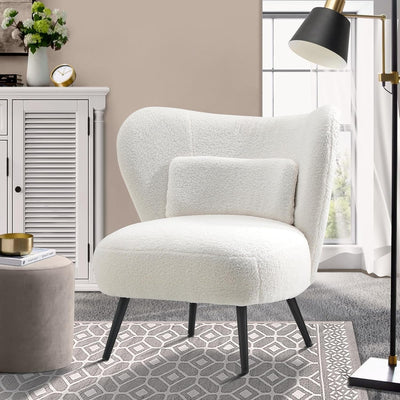 Oikiture Boucle Armchair with Lumbar Pillow and Wingback Velvet Lounge Sofa Accent Chair White