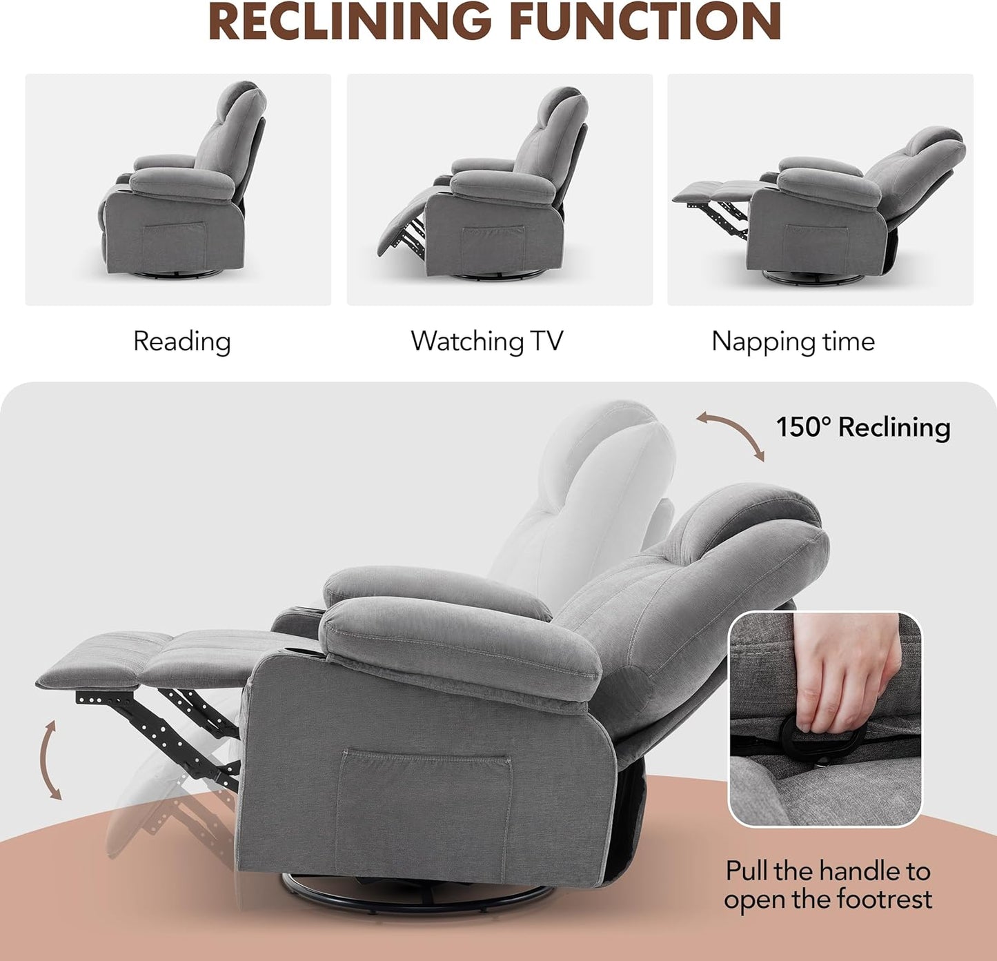 Weture Swivel Rocker Recliner Chair with Heat and Massage, 360 Degree Swivel Rocking Single Sofa with Cup Holders and USB Port, Big Large Oversized Recliner Chair for Living Room (Fabric, Grey)