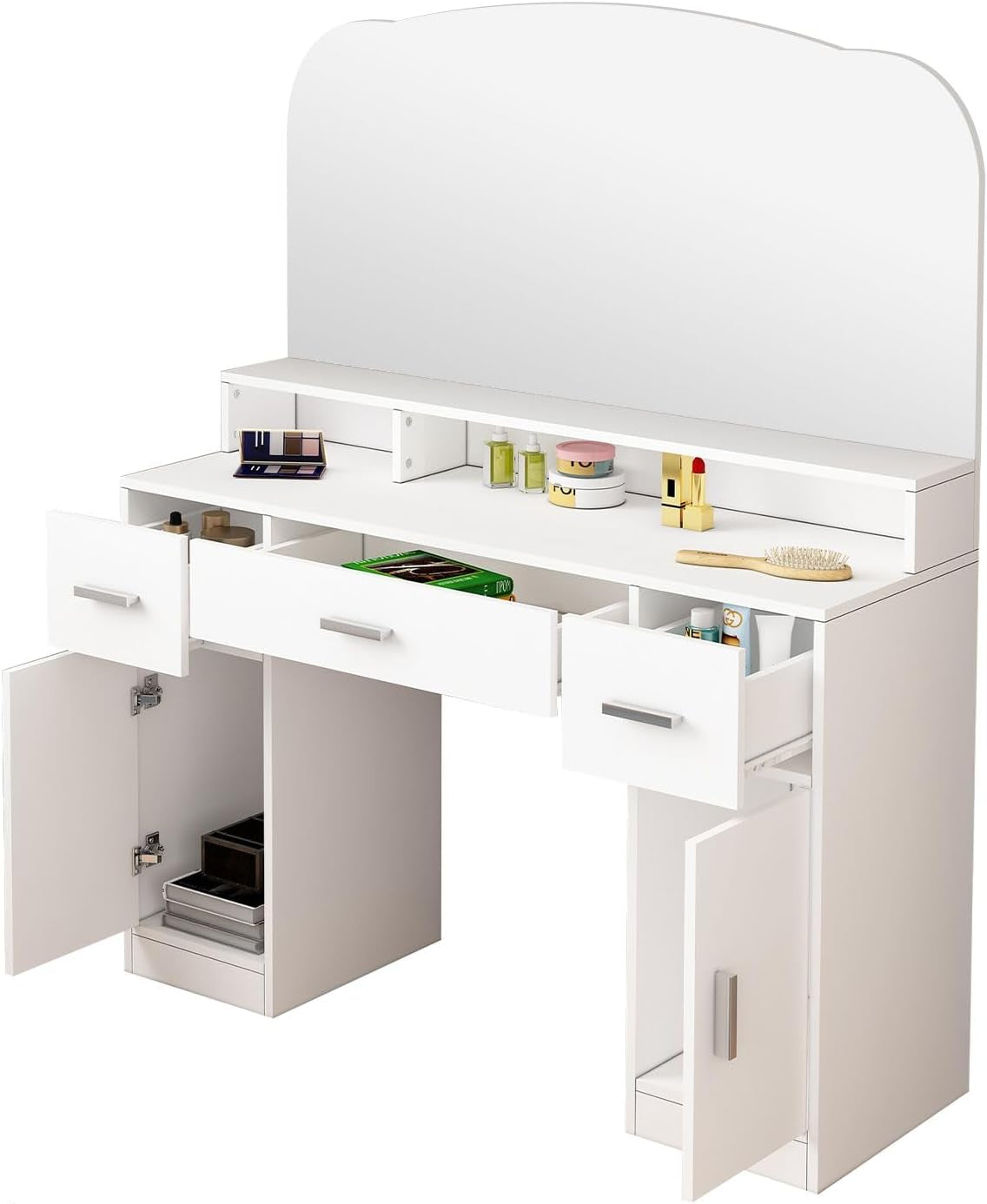 Dressing Table Vanity Table with Mirror Dresser Makeup Desk with 3 Drawers & 2 Door Storage Bedroom Furniture White