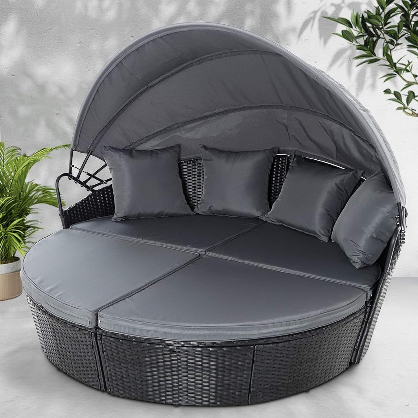 Outdoor Sun Lounge with Canopy Cushion Pillow Modular Design Black Set of 3