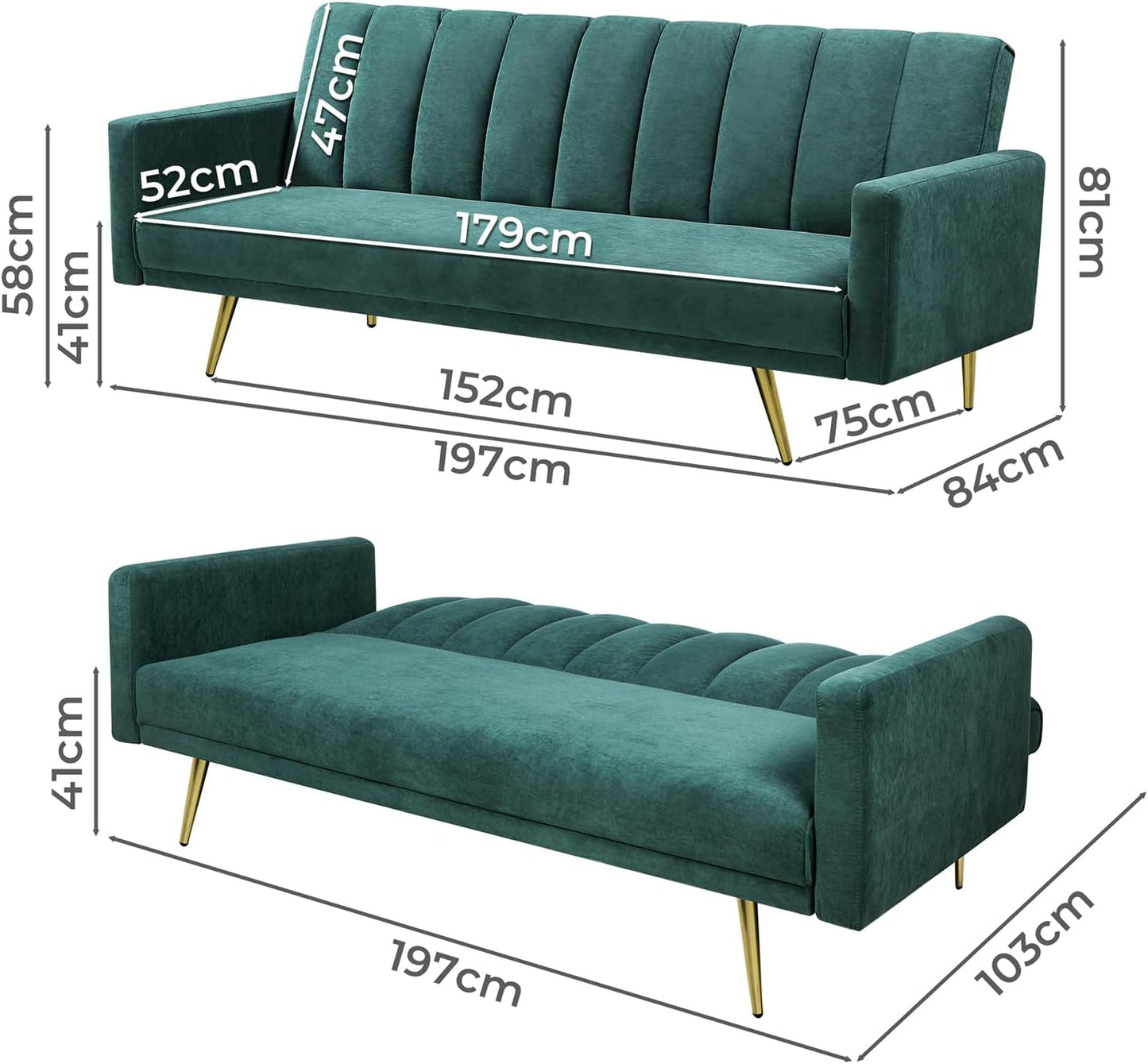 3 Seater Sofa Bed Convertible, Velvet Loveseat Sofa Couch, Recliner Sofa Lounge with 3 Adjustable Backrest Positions, Spare Bed for Guest, Load up to 220Kg (197Cm, Green)
