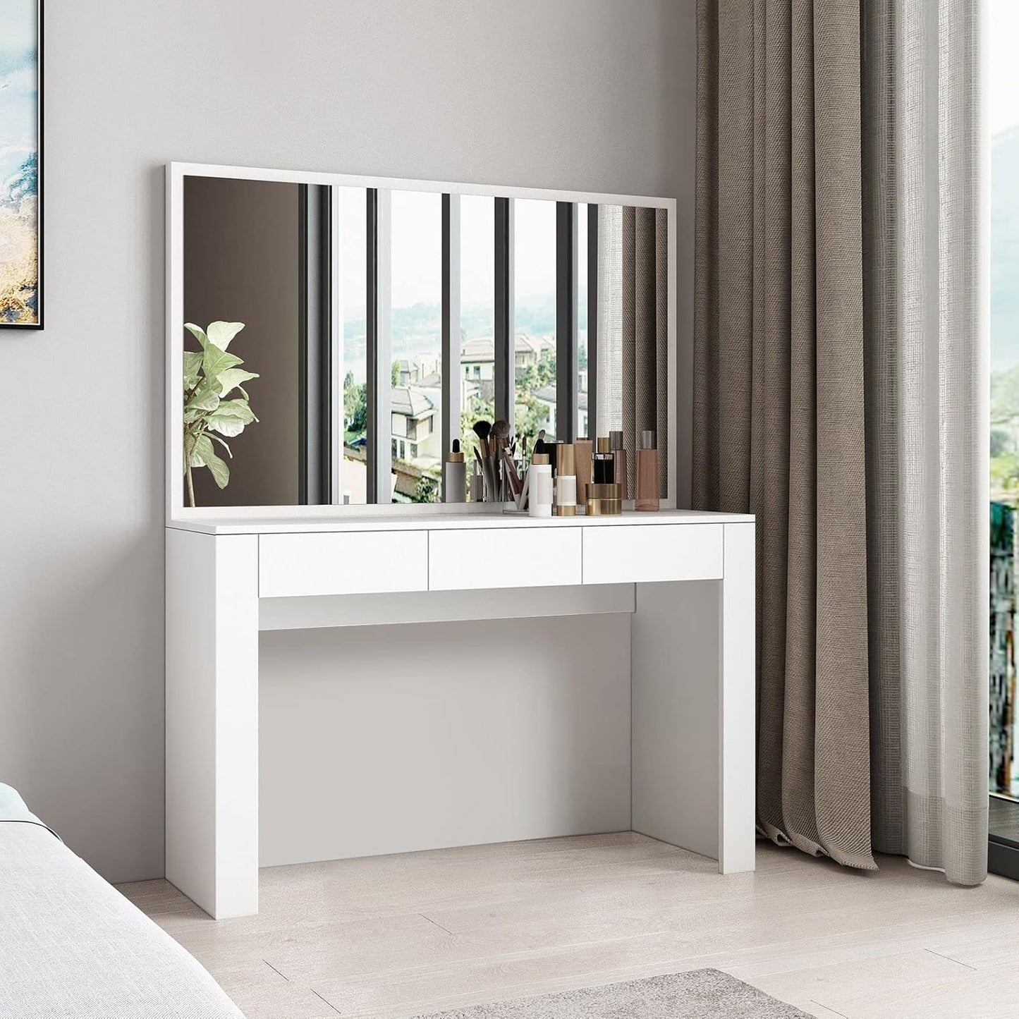 Dressing Table with Mirror Vanity Makeup Table with 3 Drawers Storage Modern Bedroom Furniture White