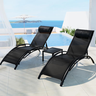 3Pcs Sun Lounge with Table, Camping Chair Lounger Day Bed Chaise Beach Chairs Outdoor Furniture Garden Patio Setting Pool Backyard, Adjustable Backrest Black
