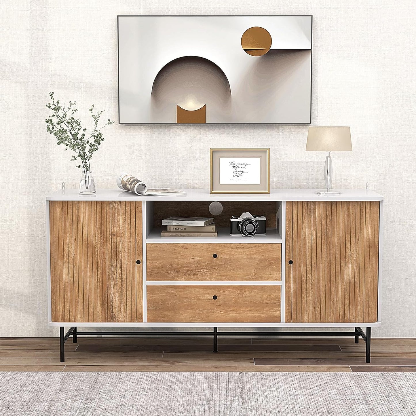 Buffet Sideboard, Mid Century Modern Coffee Bar Station W/Sliding Tambour Doors & 2 Storage Drawers