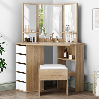 Corner Dressing Table and Stool Chair Set Wood White Color, Makeup Vanity Desk with Tri-Fold Mirror, Mutiple Shelves & Side Cabinet, Dresser Organiser for Women Bedroom Dress Room