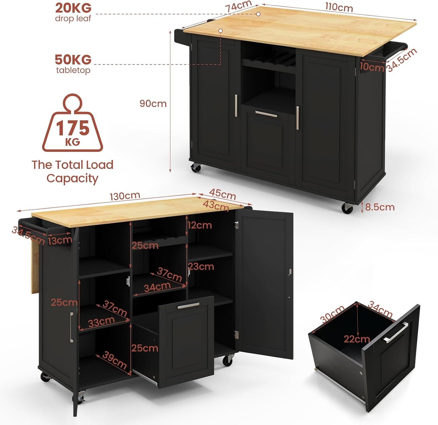 Rolling Kitchen Island Cart, Large Kitchen Island W/Drop-Leaf Countertop & 4 Rotatable Casters, Kitchen Trolley Cart with Deep Drawer, Open Wine Bottle Rack & Towel Bar (Black)