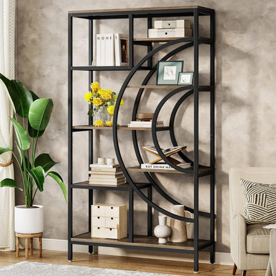 Geometric Bookcase, 71 Inches, Industrial 8-Tiers Bookshelves, Rustic Etagere Bookcase with Metal Frame, Tall Freestanding Open Storage Shelving Units for Home Office, Living Room