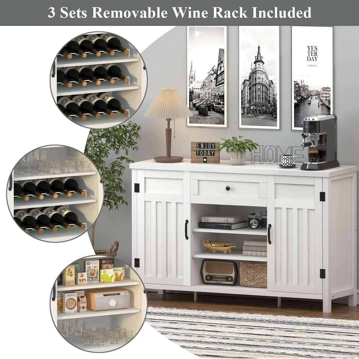 Industrial Coffee Bar Cabinet with Wine Rack, Wood Buffet and Sideboard with Storage Cabinet, (55.12 Inch, White Oak)