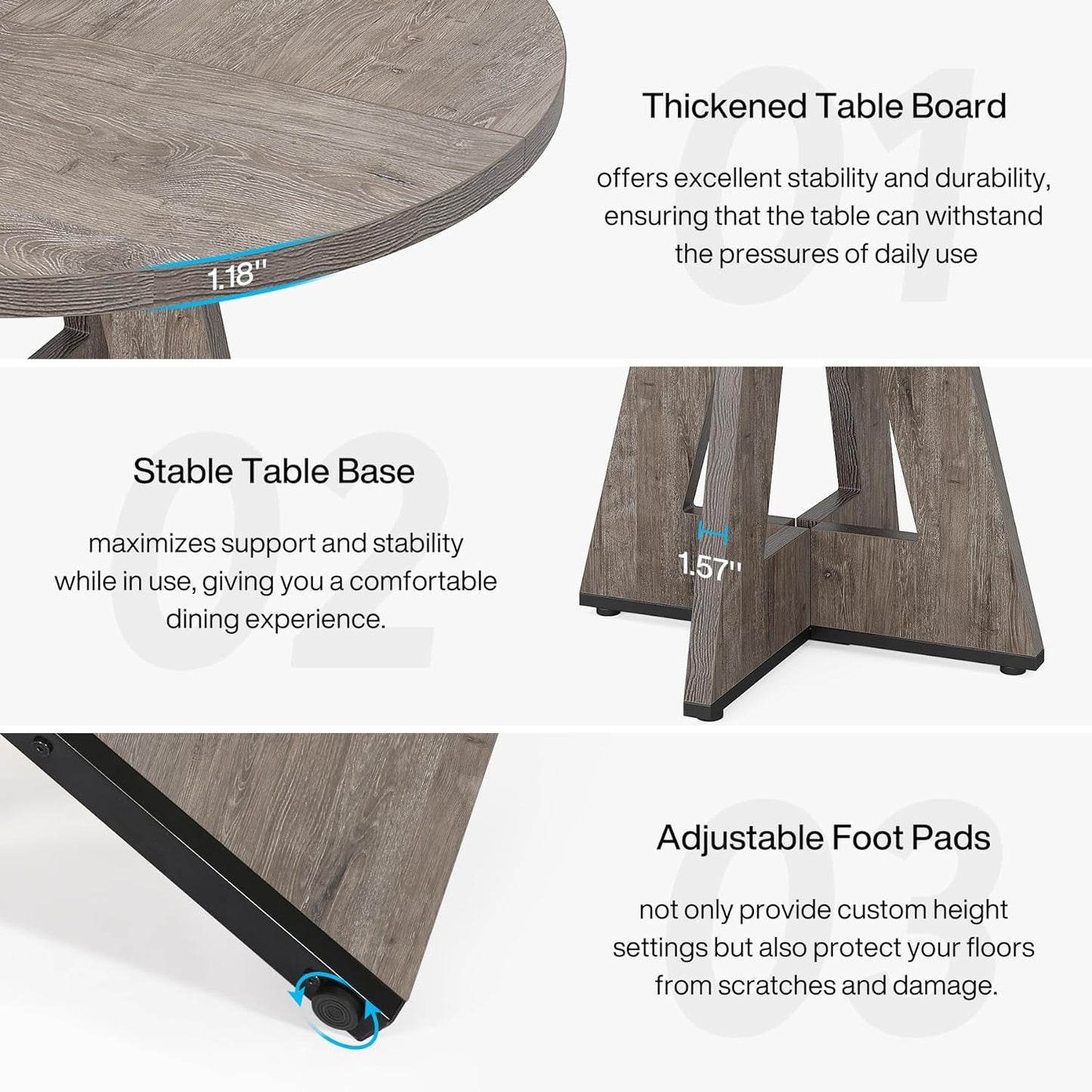 Round Dining Table Wood Kitchen Table for Dining Room Living Room, 47 Inches Dining Room Tables for 4 Person, Farmhouse Dinner Table with Wooden Table Top and Legs, Rustic Grey(Only Table)