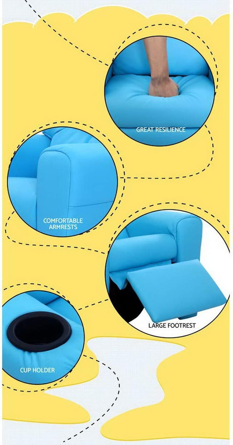 Keezi Kids Recliner Chair, PU Leather Sofa Couch Armchair Loungefly Outdoor Lounge Chairs Home Bedroom Living Room Playroom Children Furniture, Thick Foam Padding Adjustable Precise Recline Blue