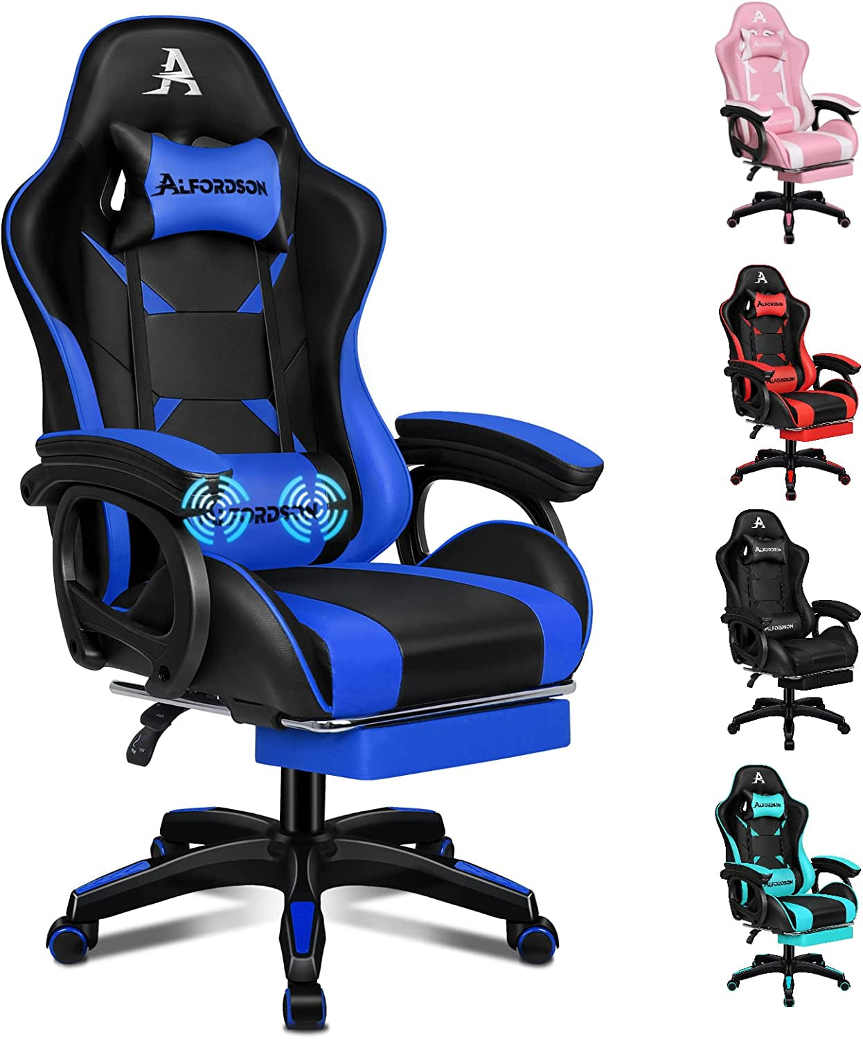 ALFORDSON Gaming Chair with Massage and 150° Recline, Ergonomic Executive Office Chair PU Leather with Footrest, Height Adjustable Racing Chair with SGS Listed Gas-Lift, Max 180Kg (Cyan)