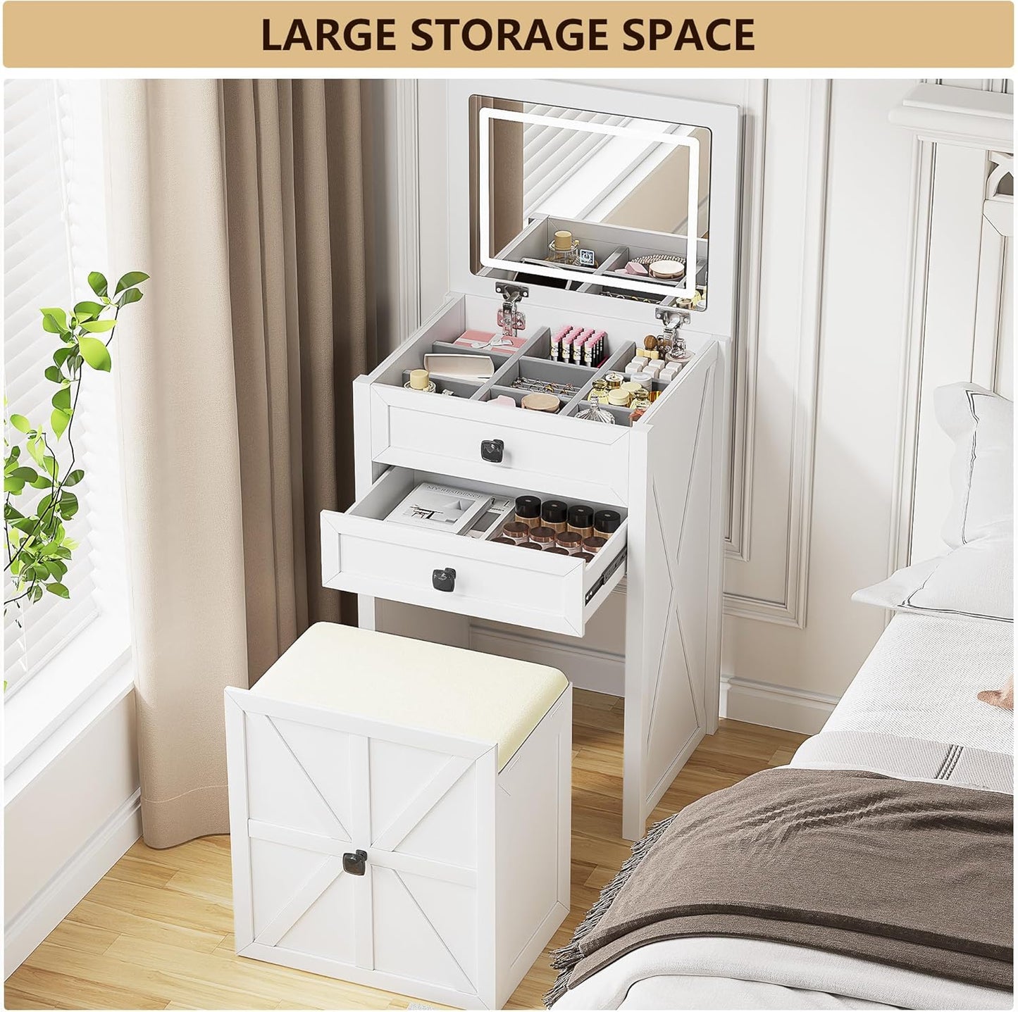 Farmhouse Vanity Desk with Mirror&Lights, 3 in 1 Small Makeup Vanity Set with Stool, Space-Saving Makeup Vanity with Storage Compartment, Dressing Table for Bedroom/Cloakroom, White