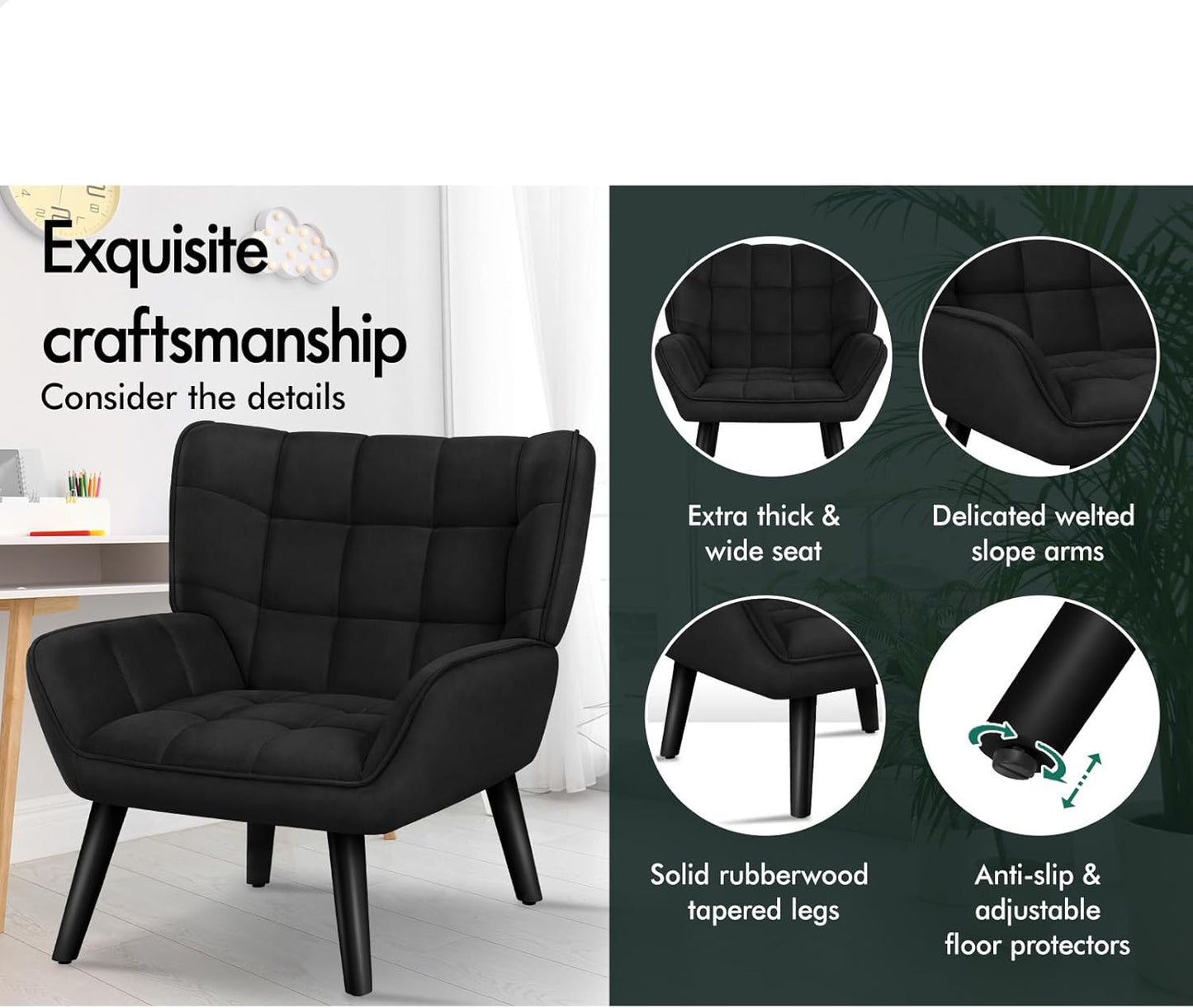 Armchair with Velvet Upholstery, Leisure Occasional Accent Chair with Solid Wooden Legs, Nursing Lounge Sofa for Reading Dressing Bedroom Living Room, Max 180Kg, Venus Black