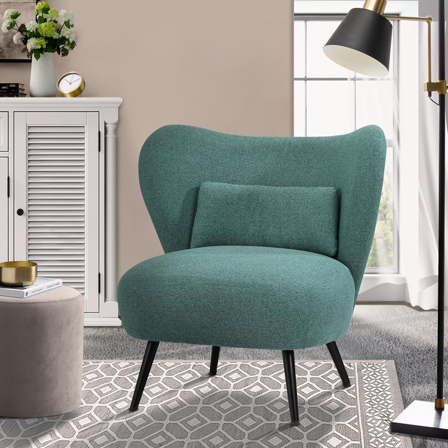Oikiture Boucle Armchair with Lumbar Pillow and Wingback Velvet Lounge Sofa Accent Chair White