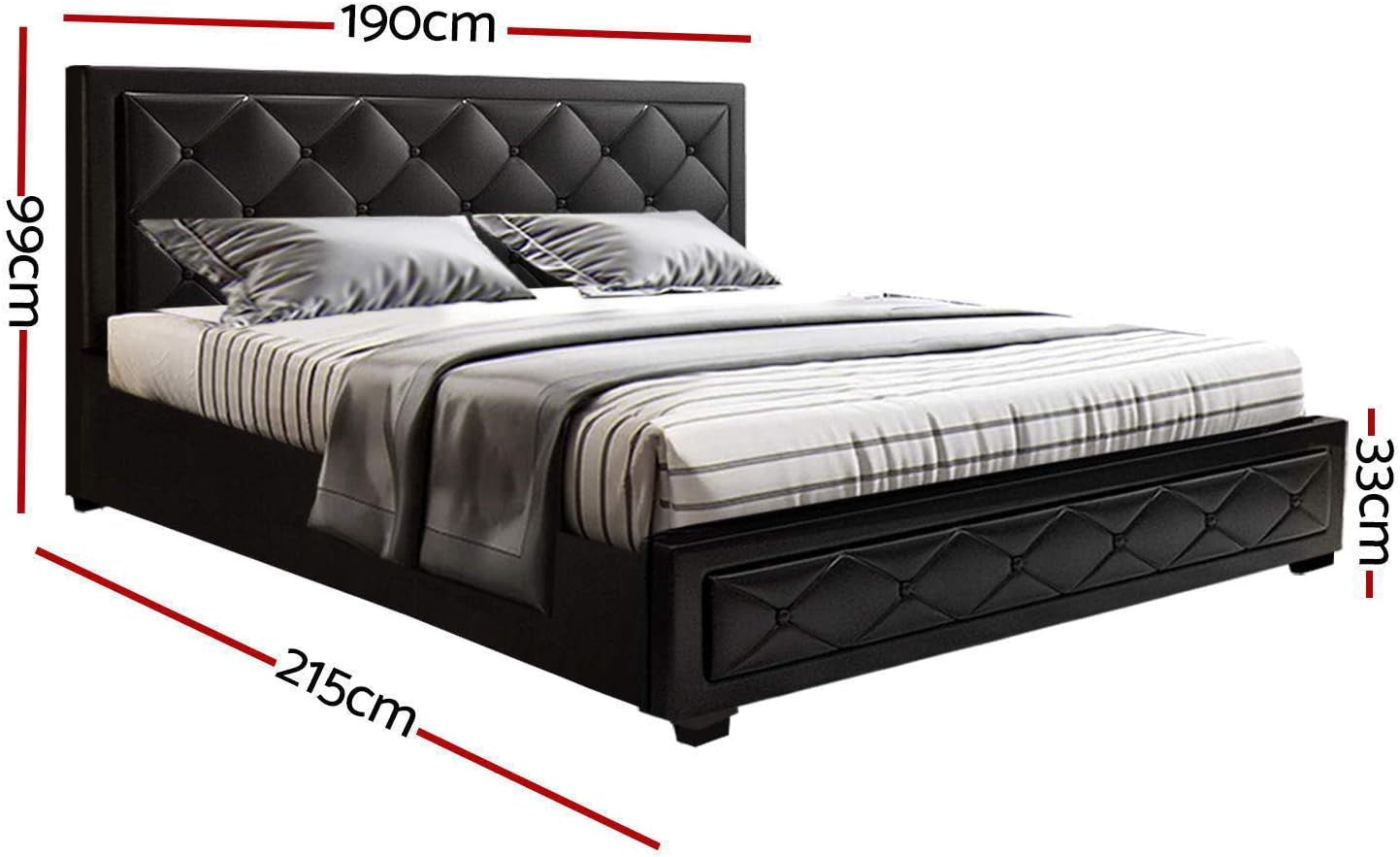 King Bed Frame Platform Tufted Headboard Frames Gas Lift Beds Base with Storage Space, Upholstered with Black PVC Leather + Foam + Wood