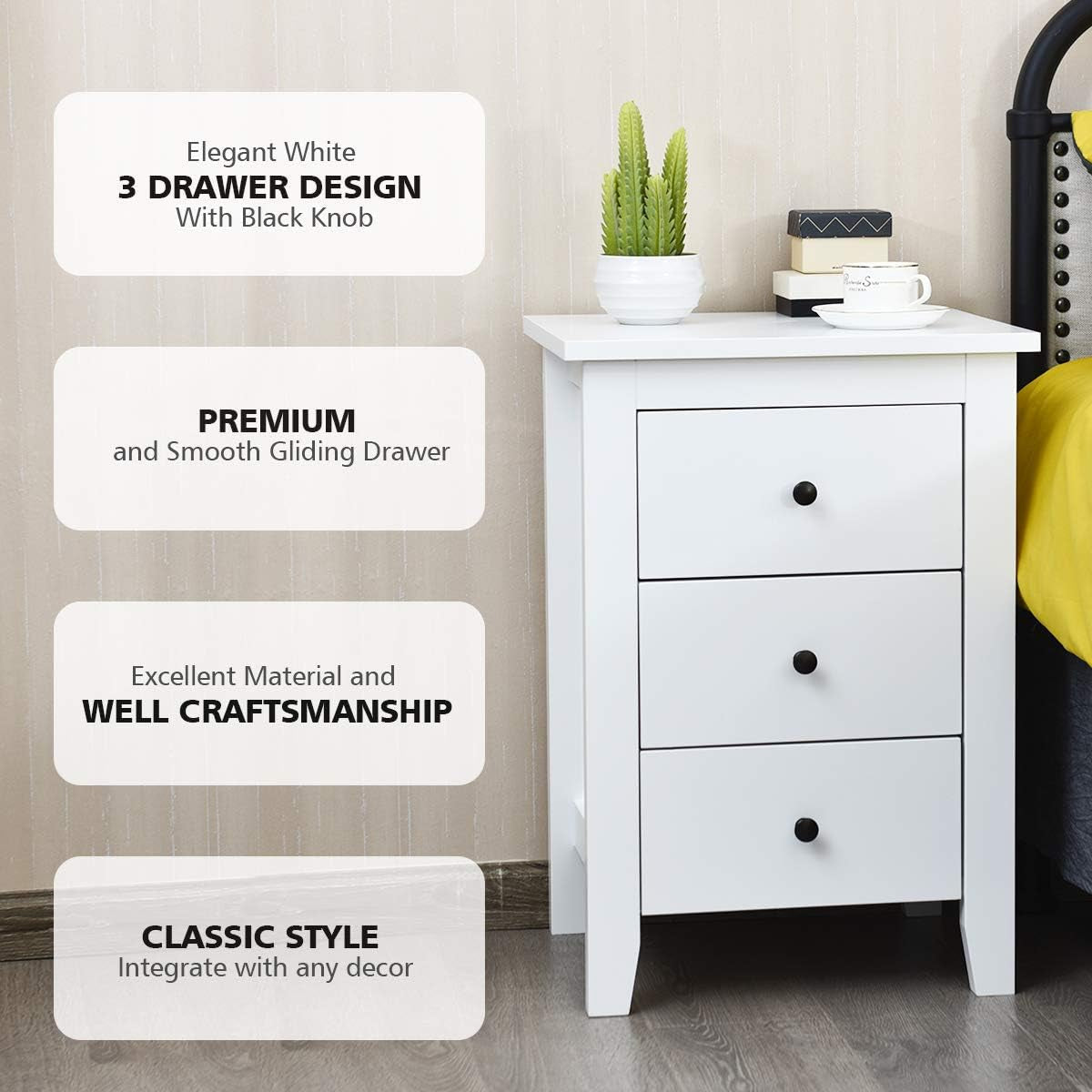 Giantex 2PCS End Side Table, Nightstand W/ 3 Drawers, Modern Bedside Cabinet, Wooden End Table W/Sturdy Structure, Accent Table W/Solid Wood Legs, Bedside Table Sofa Side Table for Bedroom Living Room