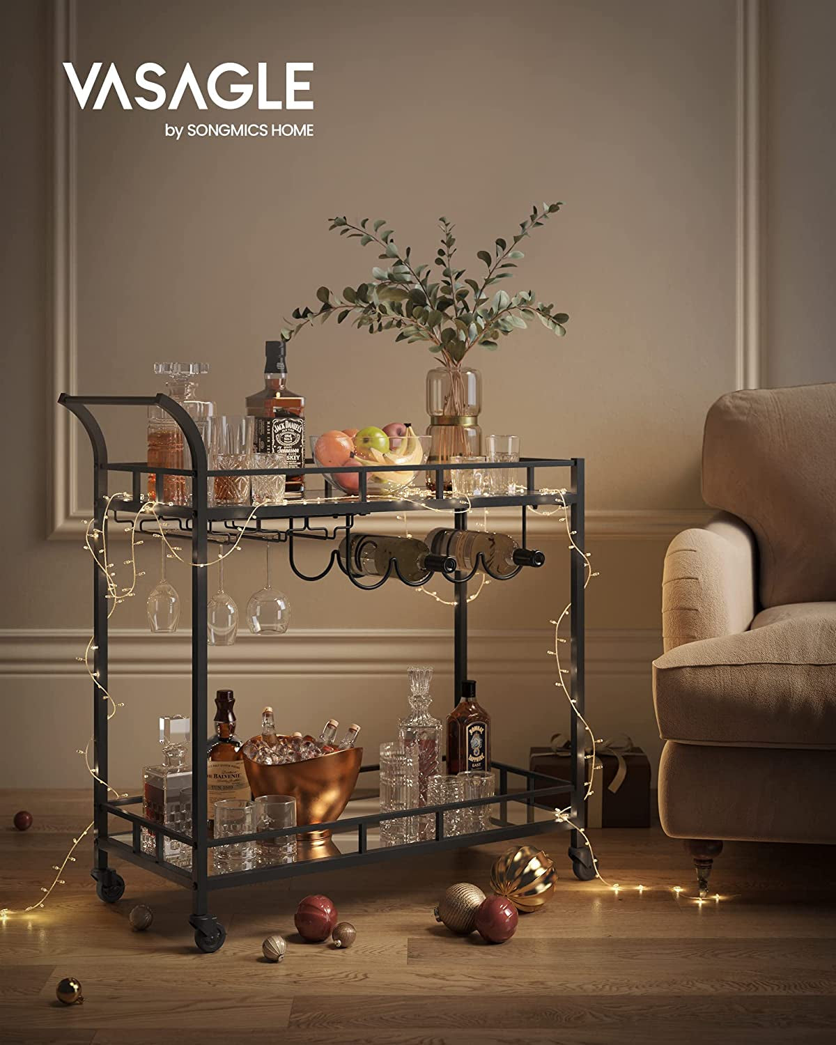 Bar Cart Black, Home Bar Serving Cart, Wine Cart with 2 Mirrored Shelves, Wine Holders, Glass Holders, for Kitchen, Dining Room, Black ULRC090B62