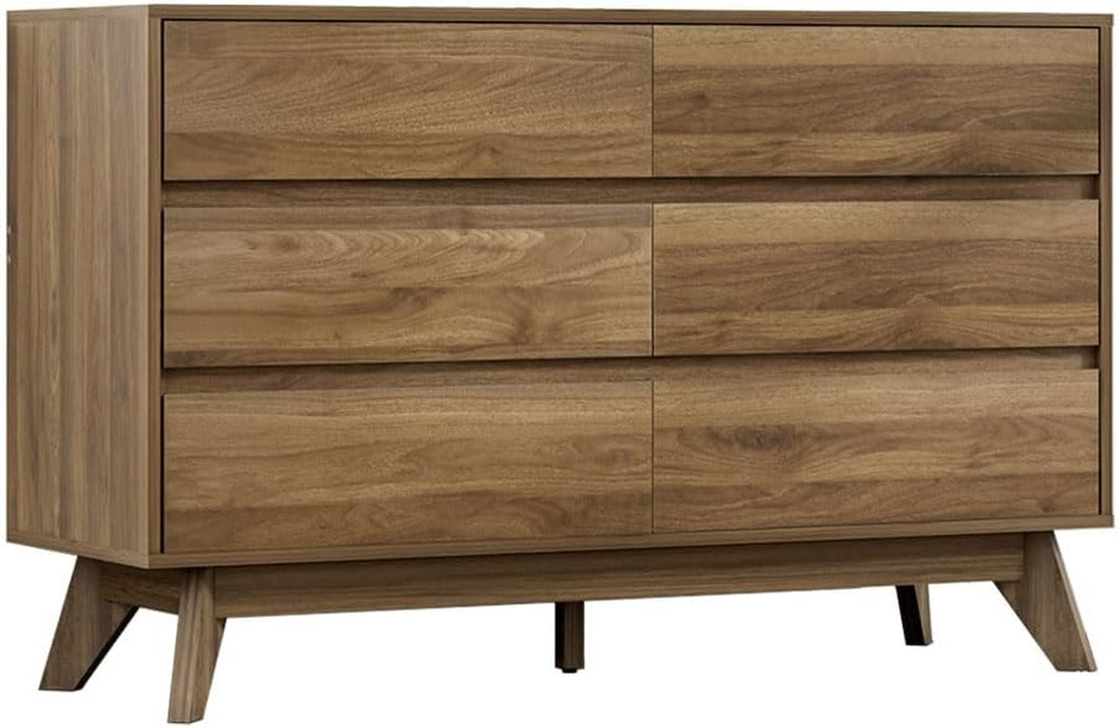 Chest of Drawers with 6 Drawer, Oak Wood Dresser Tallboy Storage Cabinet,Walnut