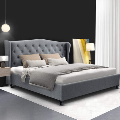 King Bed Frame Platform Wingback, Upholstered with Grey Faux Linen Fabric + Foam + Steel