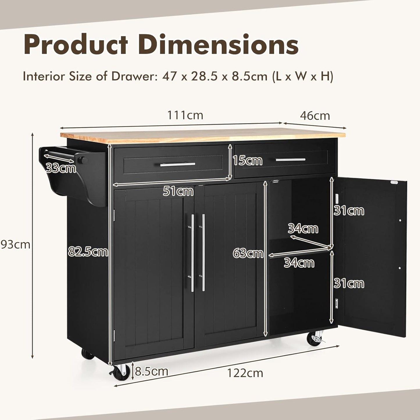 Mobile Kitchen Island Cart, Rolling Storage Trolley with Towel Bar, 2 Deep Drawers, 3 Door Cabinets, Swivel Casters, Rubber Wood Top, for Kitchen Dining Room (Black)