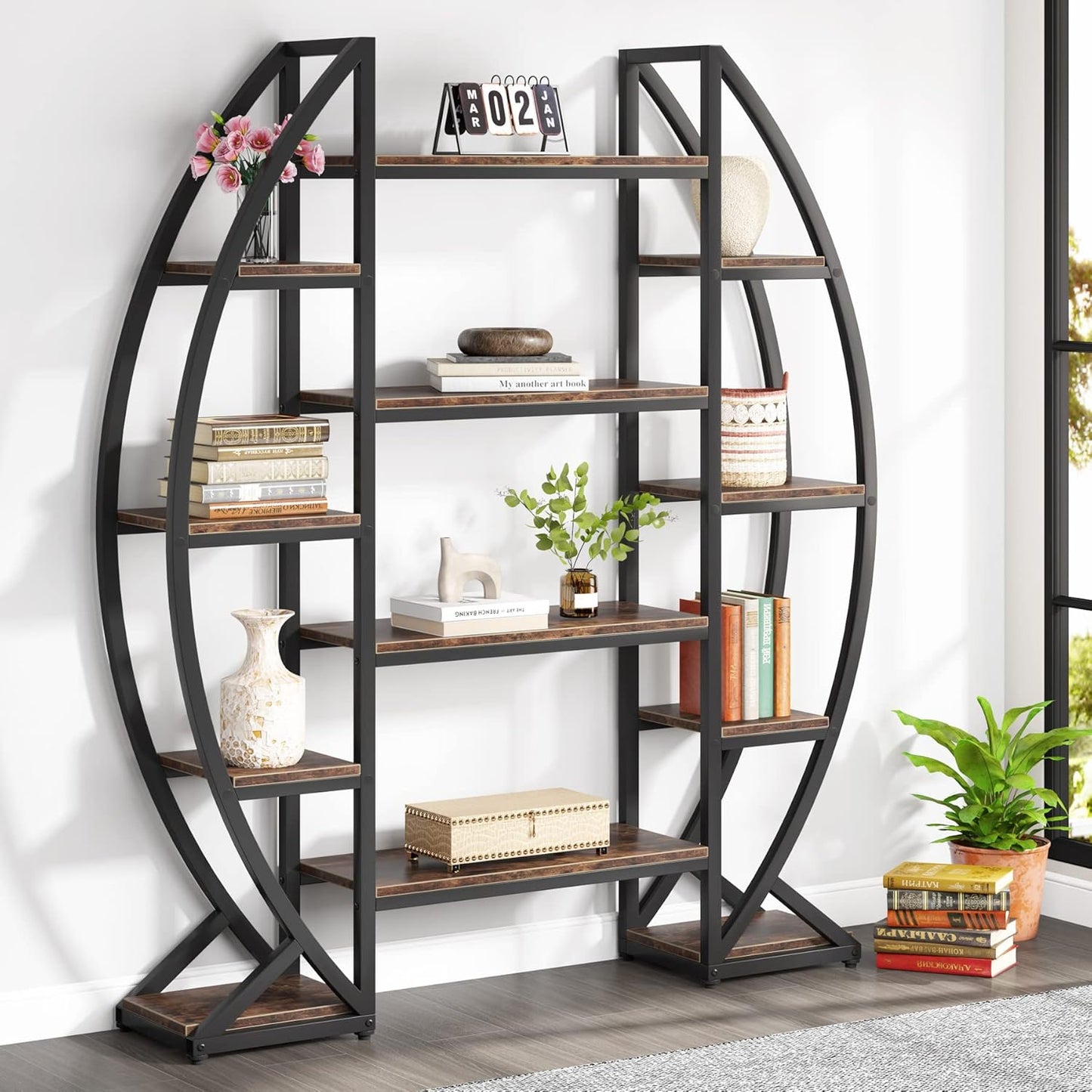 Oval Bookshelf, Triple Wide 5 Tier Etagere Bookcase, Industrial Display Shelves for Living Room (Brown, 55")