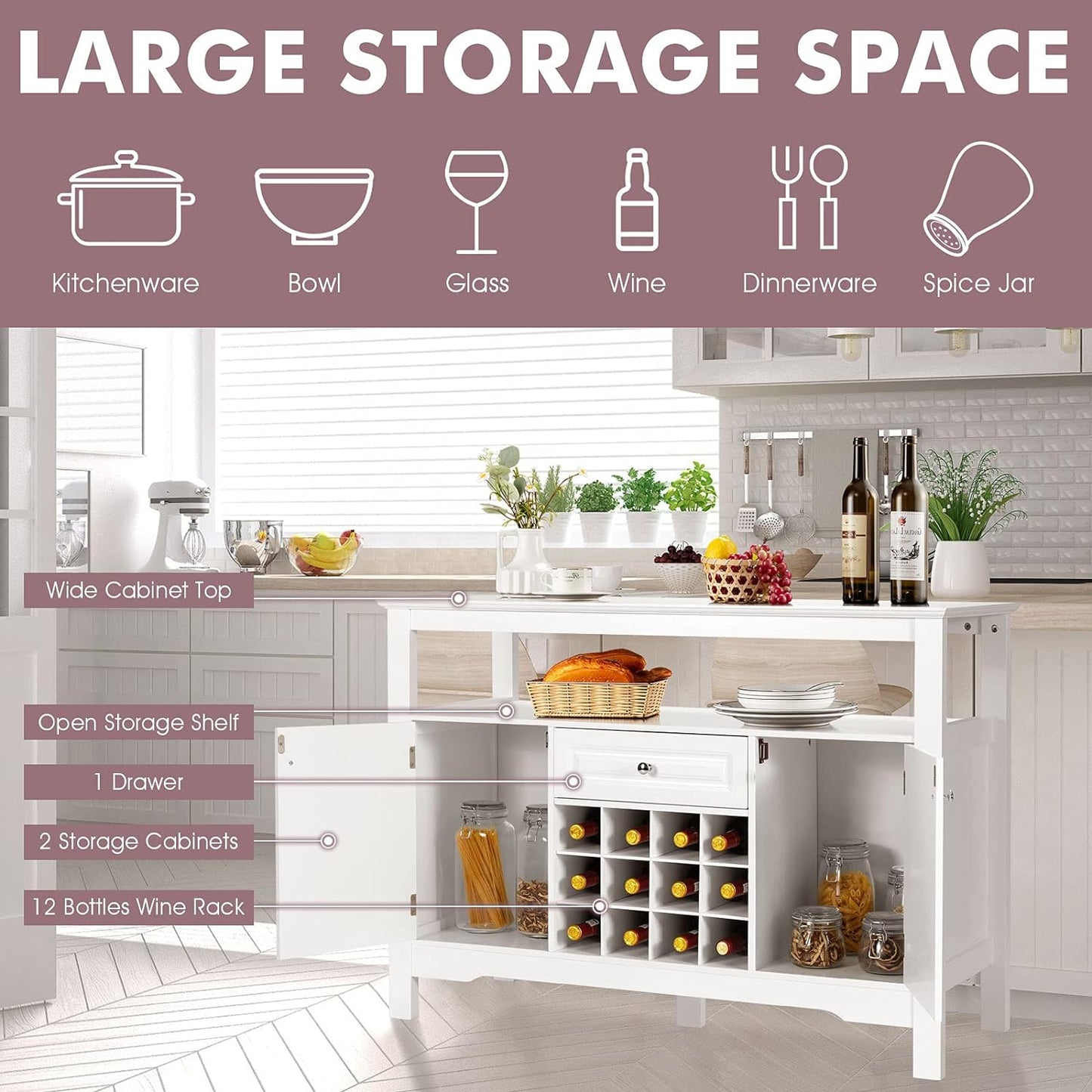 Wood Wine Cabinet, Sideboard Buffet (White)