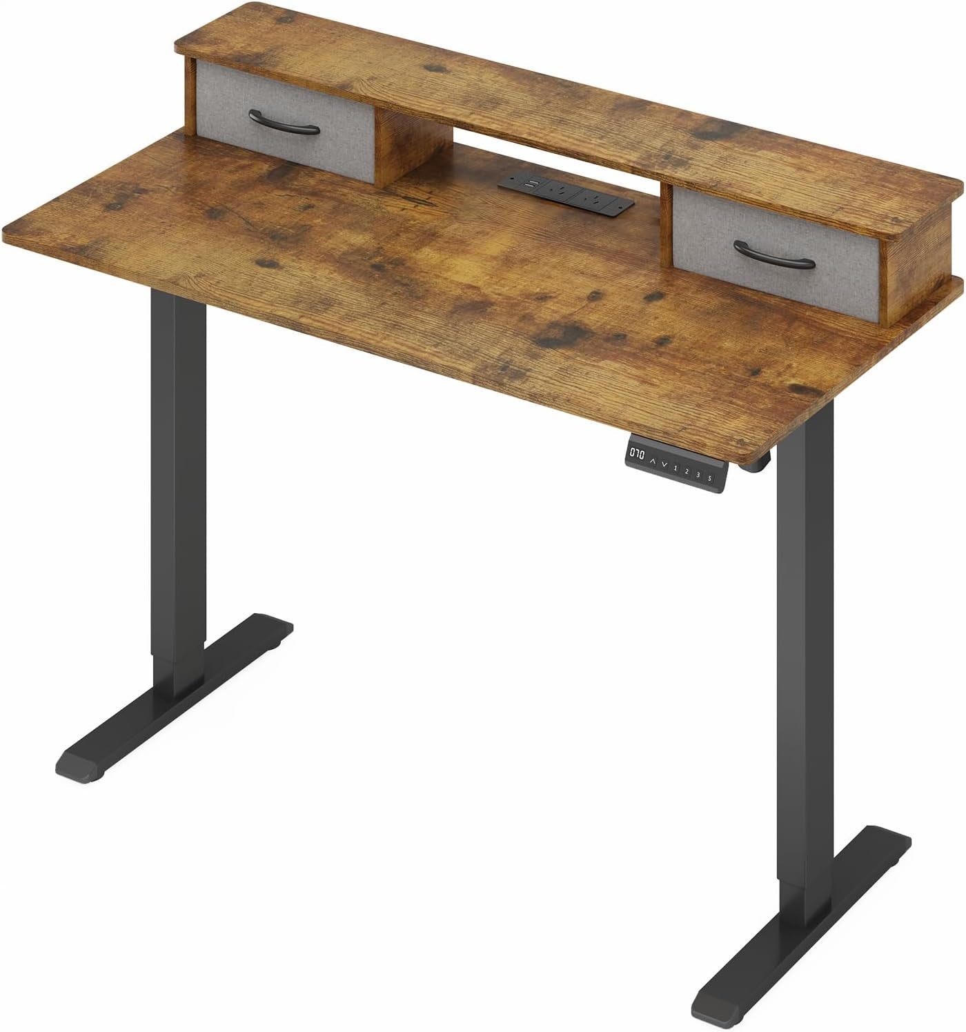 ADVWIN Electric Standing Desk with 2 Drawers, Adjustable Height Sit Stand up Desk with Storage Shelf, 120Cm Splice Board Walnut