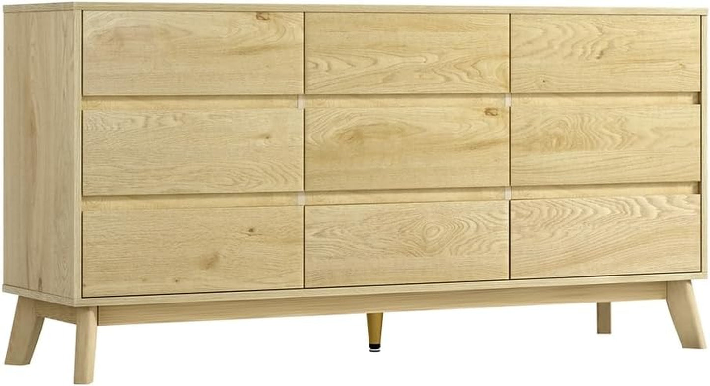 Chest of Drawers with 9 Drawer, Oak Wood Dresser Tallboy Storage Cabinet Board Side Tables Desk