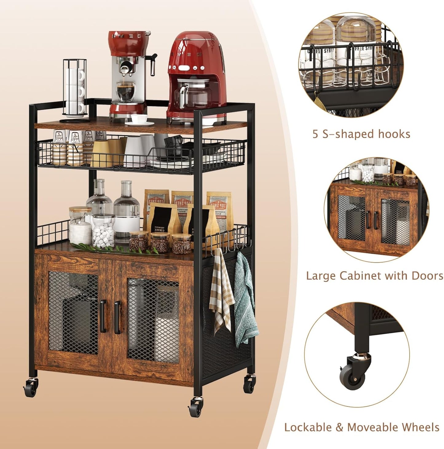 Coffee Bar Cabinet, 3 Tier Coffee Station Table on Wheels, 35.9'' H Bar Cart with Wire Basket Drawer & 5 Hooks for Home Kitchen