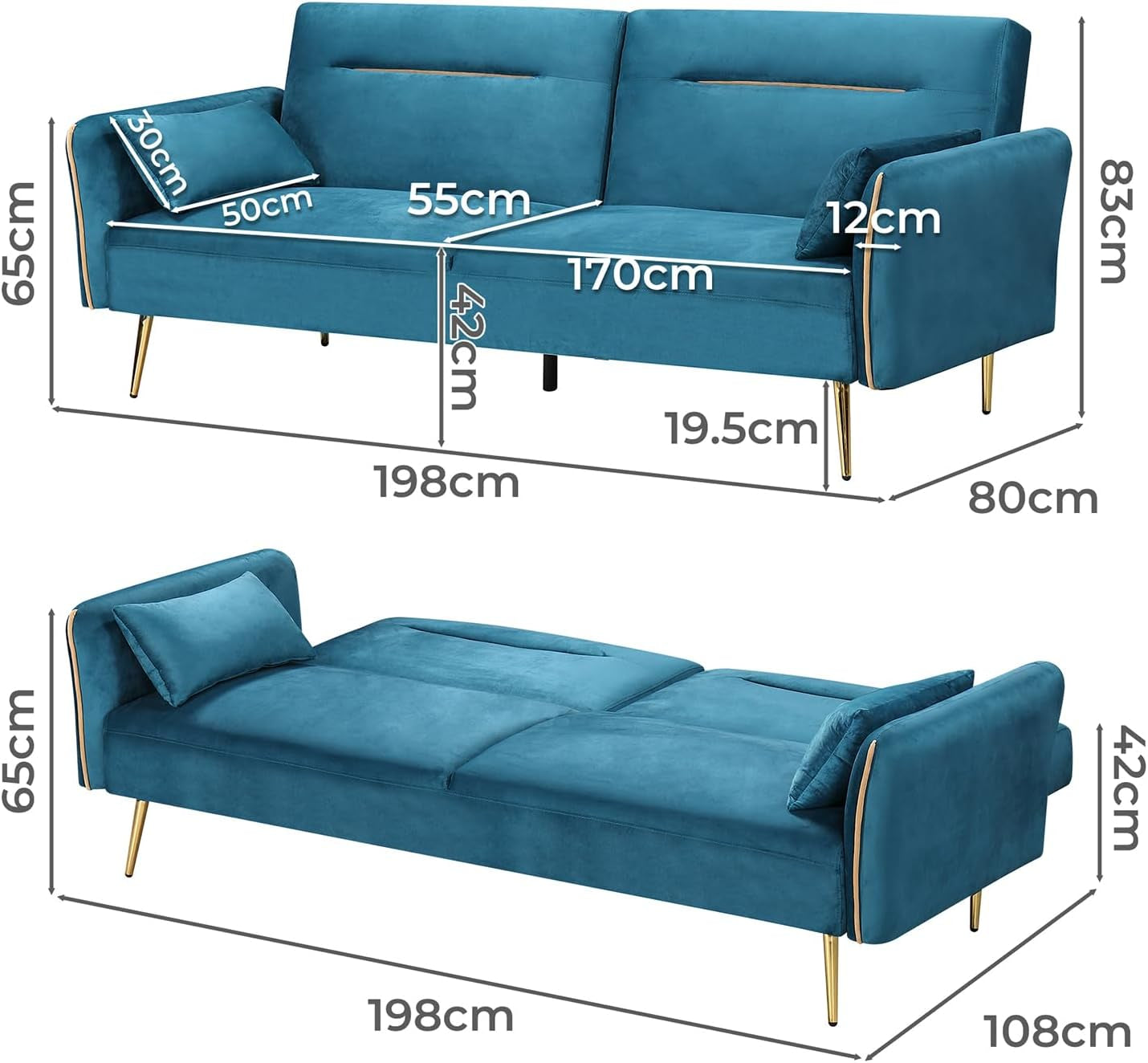 3 Seater Sofa Bed, Convertible Velvet Lounge Futon Couch with Recliner, Adjustable 3 Level Backrest with 2 Throw Pillow, Golden Legs for Small Spaces(198Cm X 80Cm X 83Cm, Peacock Blue)