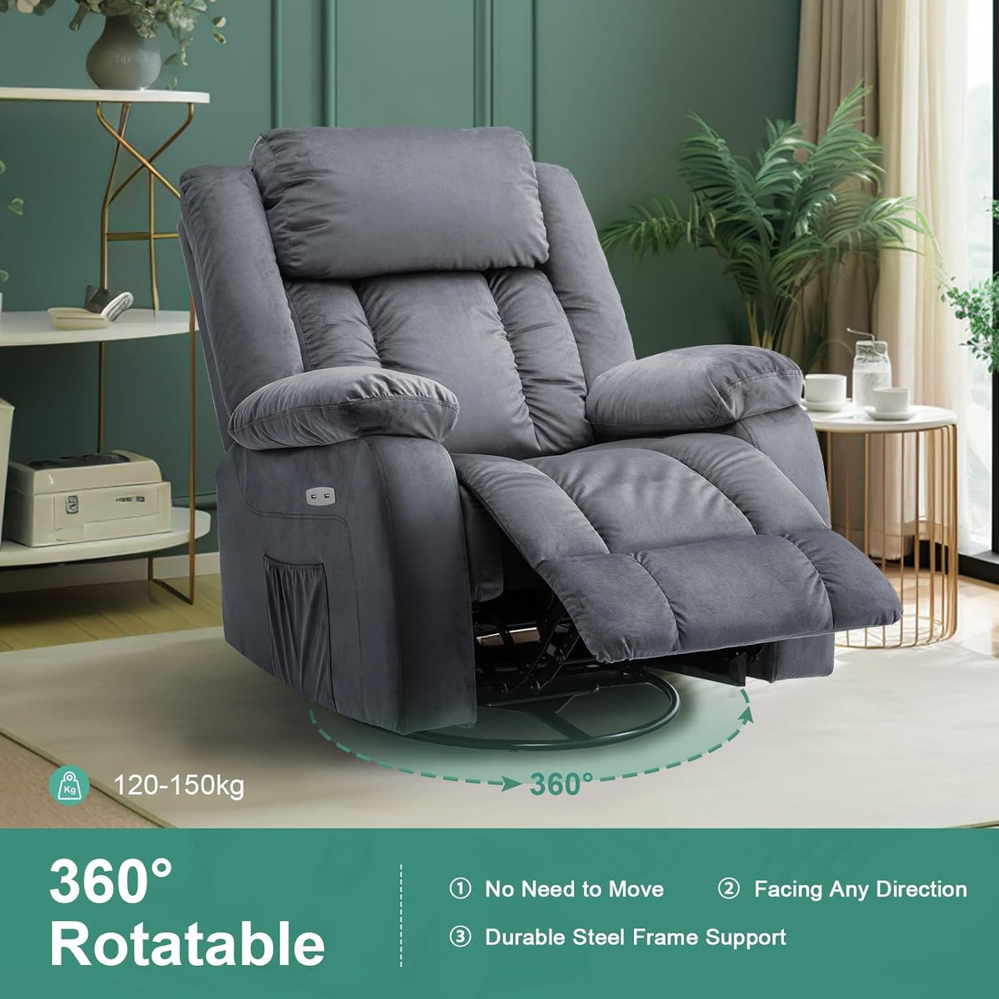 Ufurniture Massage Recliner Chair 140°Tilt 8 Point Heated Vibration Dark Gray Recliner Chair for Adults 360 ° Rotate Circular Base with Side Pocket