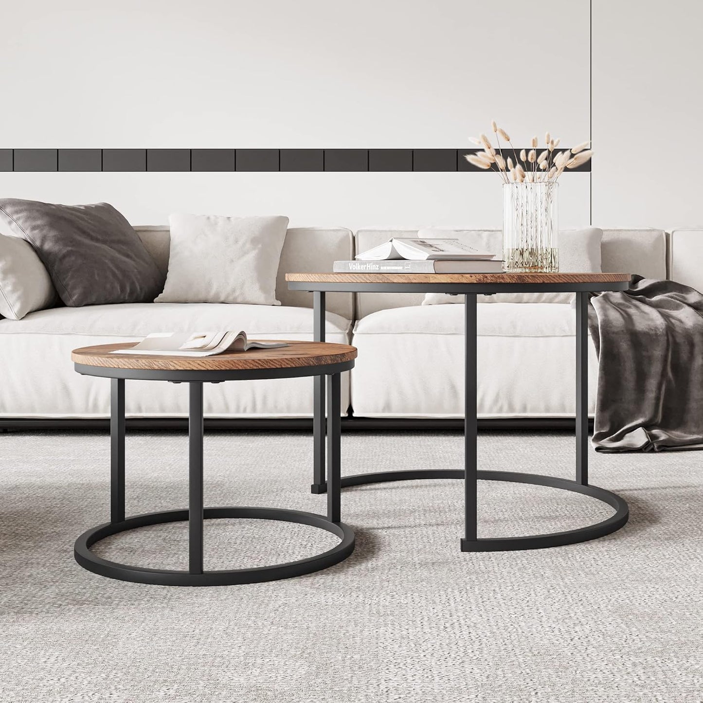 Round Nesting Coffee Table Set of 2 End Tables with Sturdy Metal Frame, Easy Assembly (Rustic Brown)