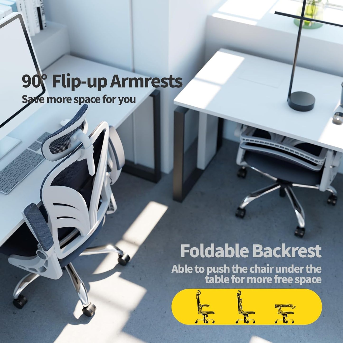 HOLLUDLE Ergonomic Office Chair with Foldable Backrest, Computer Desk Chair with Flip-Up Armrests, Mesh Lumbar Support and 2D Headrest Big and Tall Office Chair, White