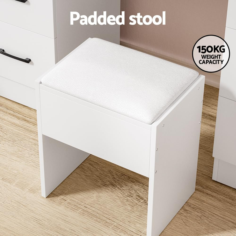 Vanity Table, 10 Bulbs LED Mirror Makeup Stool Set, 7 Drawers Shelves Wide Tabletop White
