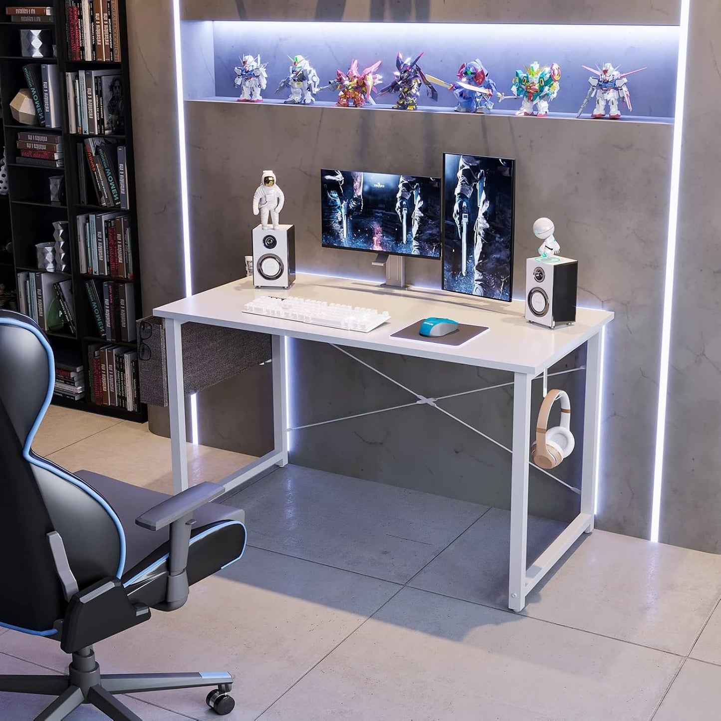 ODK Computer Desk Home Office Desk, Modern Writing Table, Simple Style PC Table with Storage Bag and Headphone Hook,100 * 48Cm White