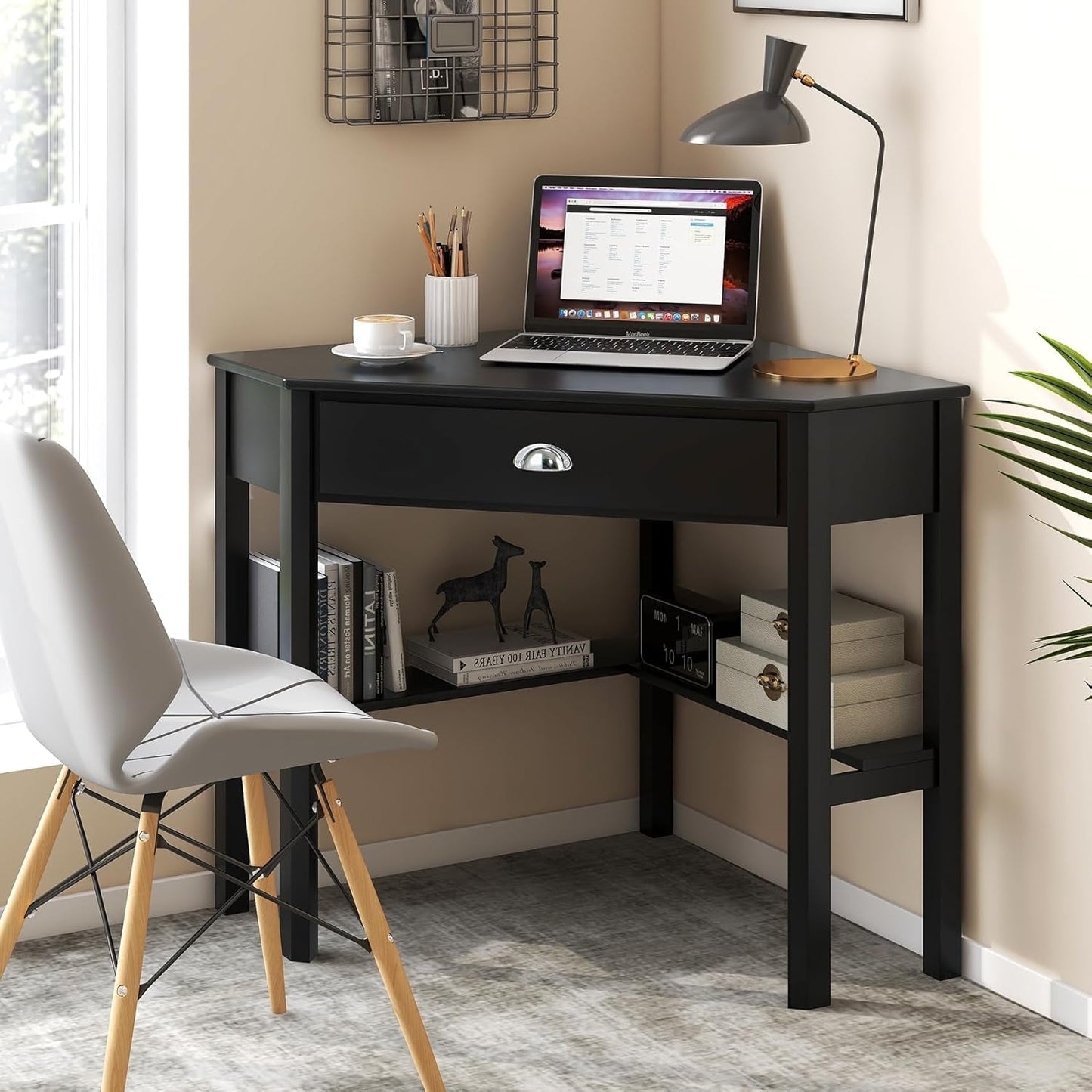 Giantex Wood Corner Computer Desk, Compact Writing Table W/Drawer & Shelves, Space Saving Workstation with Foot Pads, Laptop PC Corner Table Furniture for Home Office, Black