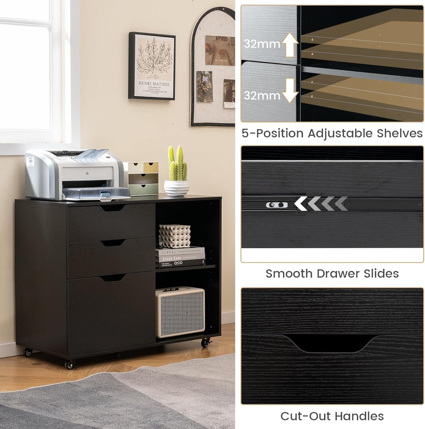 Giantex 3-Drawer File Cabinet, Mobile Printer Stand Cabinet with Adjustable Shelf, Rolling Lateral Filing Cabinet with Wheels for Letter, A4, Legal Size, for Home Office Organization (Black)