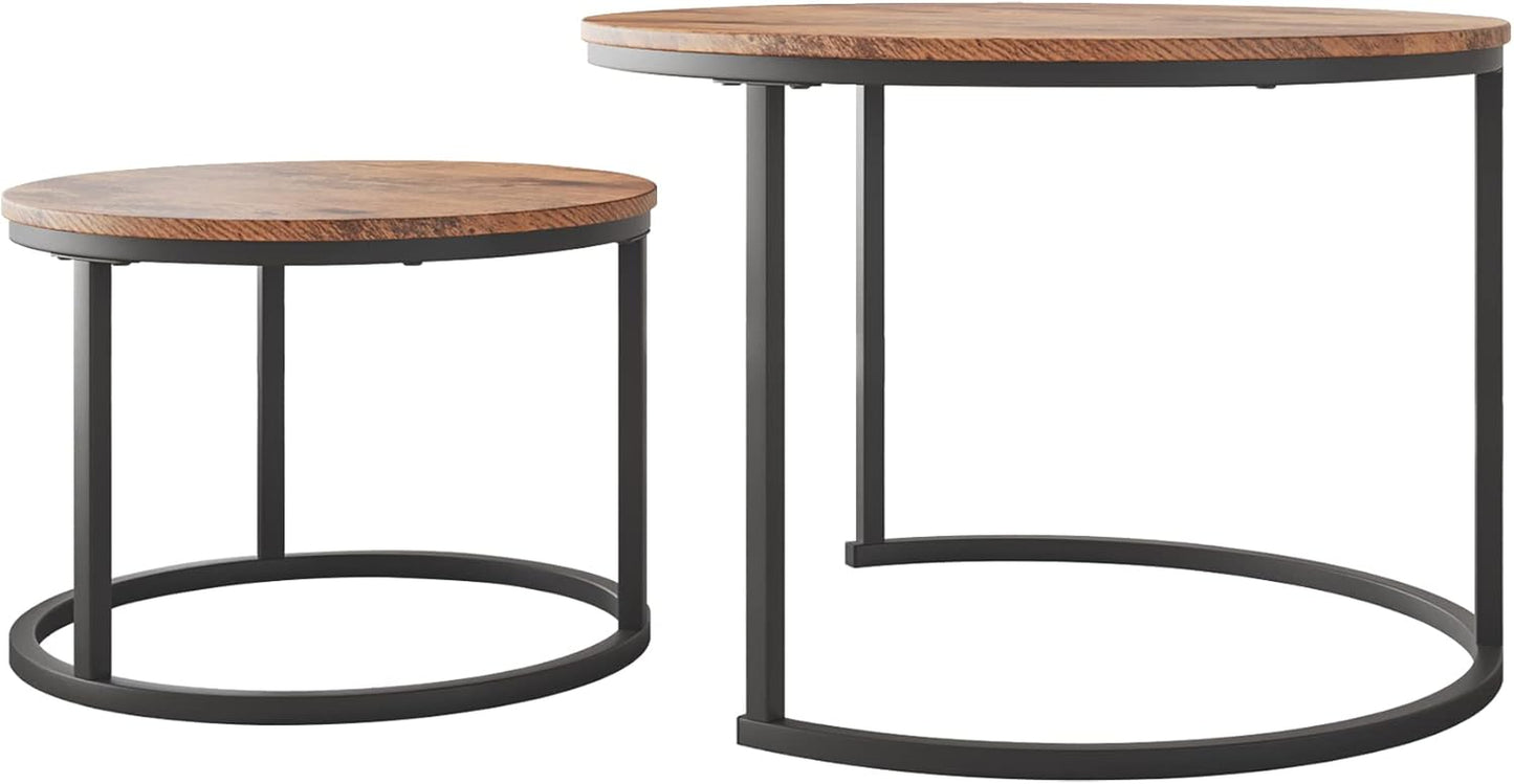 Round Nesting Coffee Table Set of 2 End Tables with Sturdy Metal Frame, Easy Assembly (Rustic Brown)
