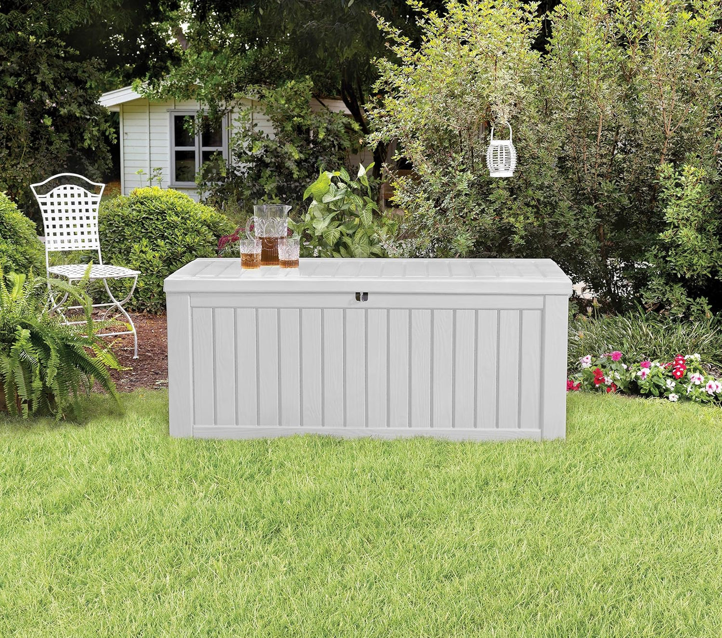 Storage Box/Cushion Box 570 Litres 100% Waterproof with Ventilation so No Bad Odour/Mould Modern Wood Look Lid Maximum Load 250 Kg (2 People) (White)