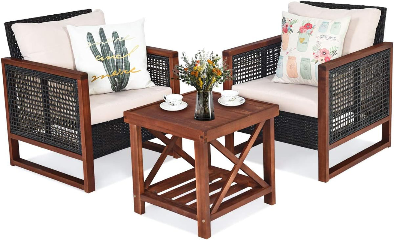 3-PCS Patio PE Rattan Chair Table Set, Wooden Wicker Furniture W/Solid Wood Frame, Soft Cushion, Coffee Table W/Shelf, Patio Conversation Sofa Setting for Balcony, Yard