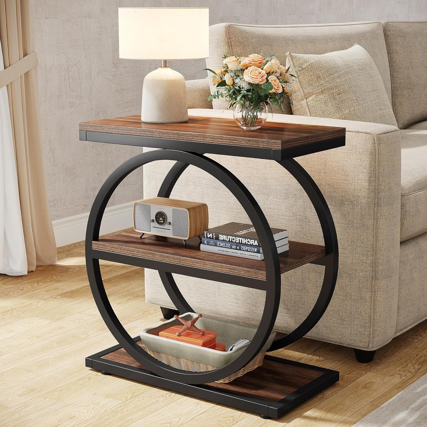 End Table, Narrow End Table with 3 Storage Shelves,