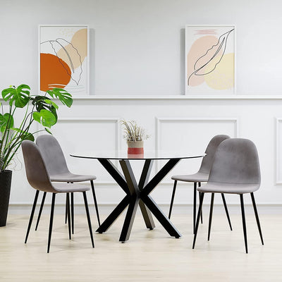 Round Dining Table (120cm) with 4 Chairs Dining Set Velvet Fabric Indoor Furniture (Grey Marle, Black Table)