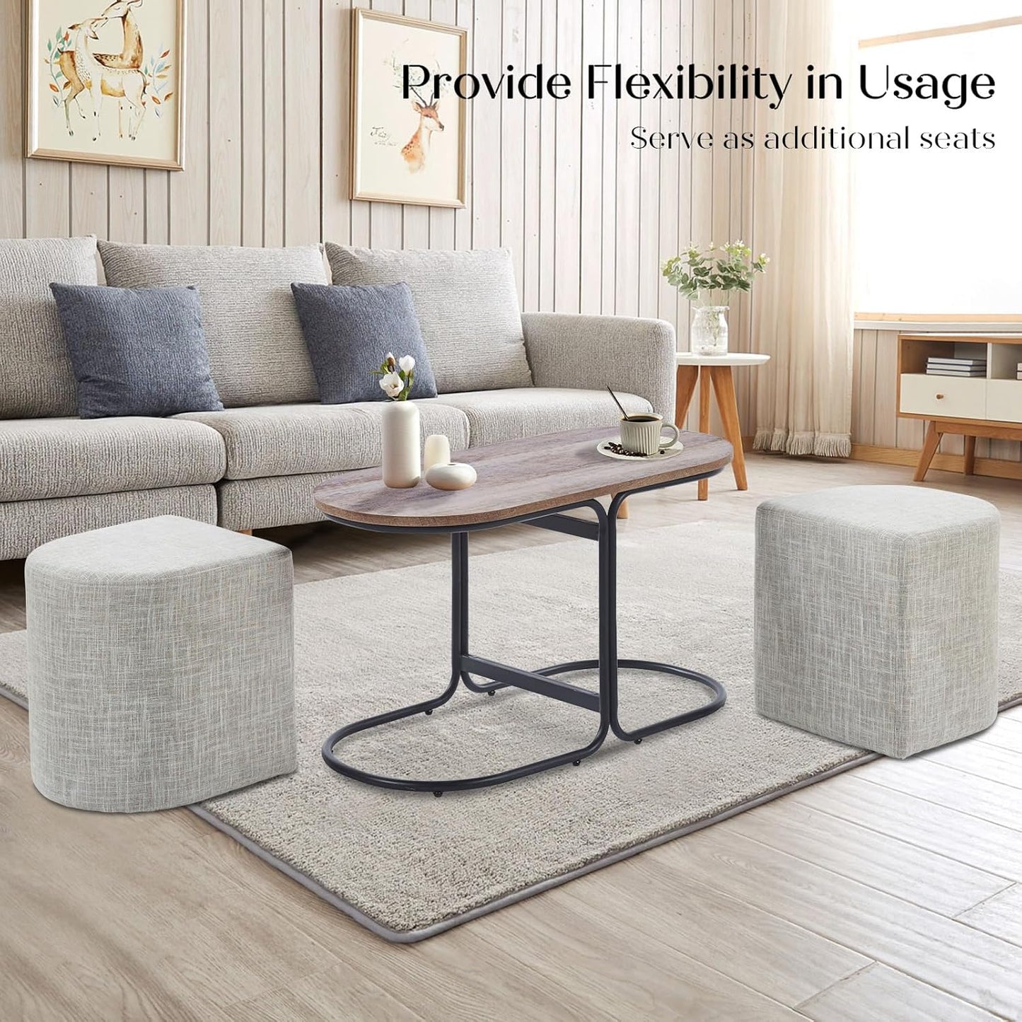 3 Piece Set Coffee Table & Ottoman Wood Side End Table Industrial Rustic - Cream Grey
