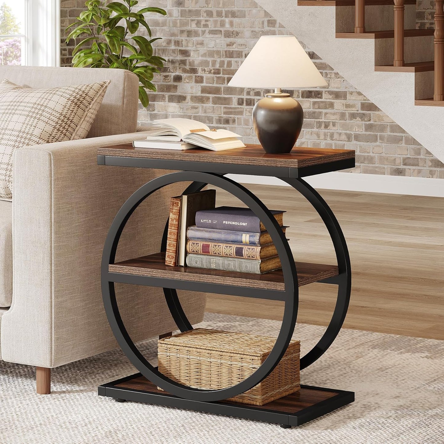 End Table, Narrow End Table with 3 Storage Shelves,