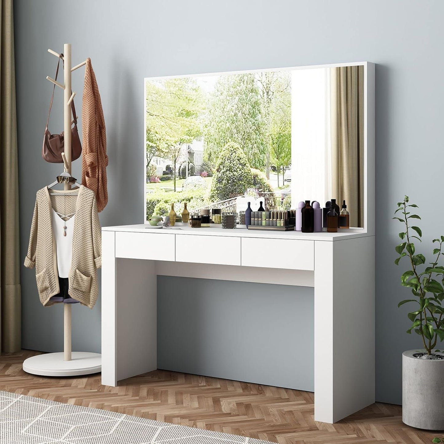 Dressing Table with Mirror Vanity Makeup Table with 3 Drawers Storage Modern Bedroom Furniture White